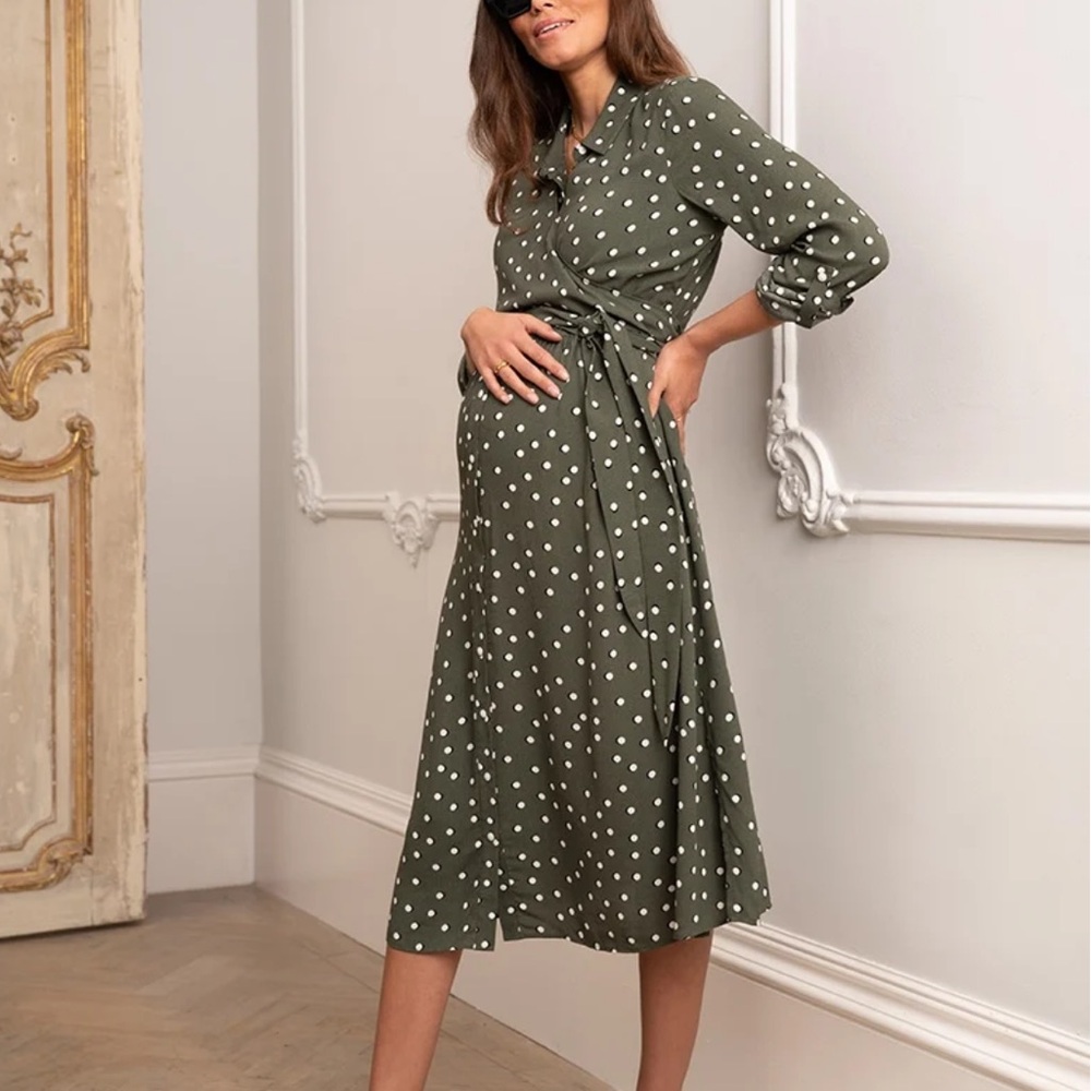 NWT Seraphine Green Polka Dot Maternity & Nursing Shirt Dress